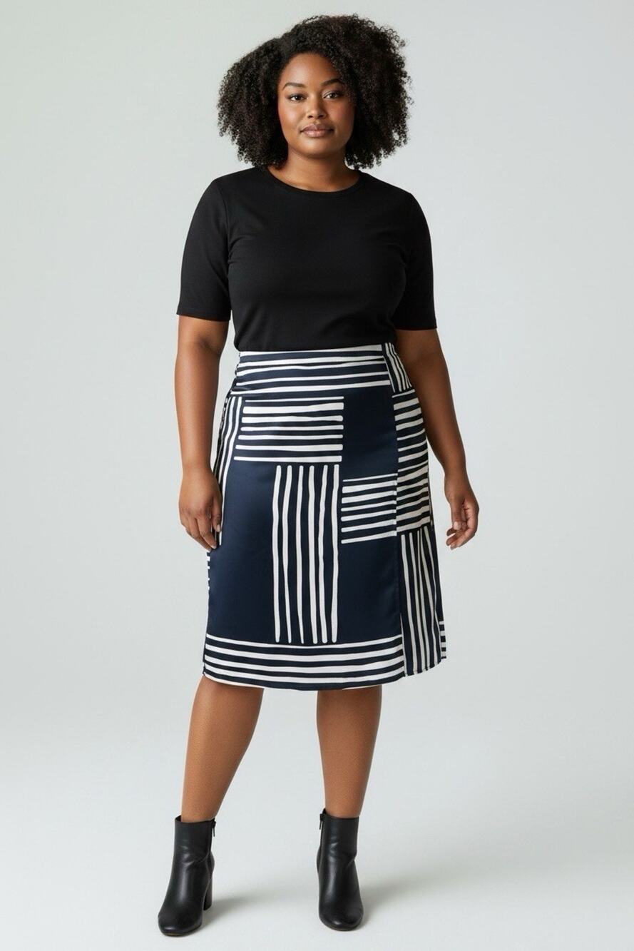 Ann Taylor Faux Wrap Skirt Womens 12 Black Cream Striped Midi Zipper